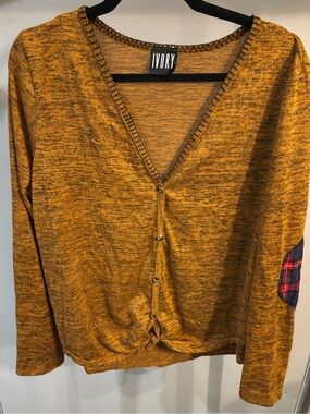 Ivory brand mustard yellow knit top with plaid elbow patches size L